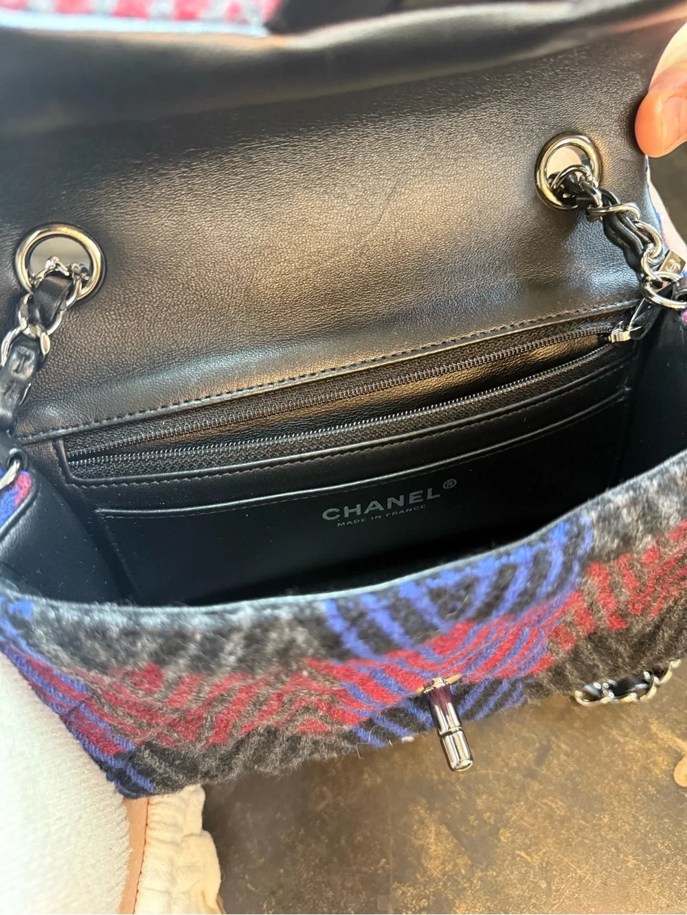 Chanel Tweed Blue/Red/Black/Gray Plaid Chevron Tweed Flap Crossbody